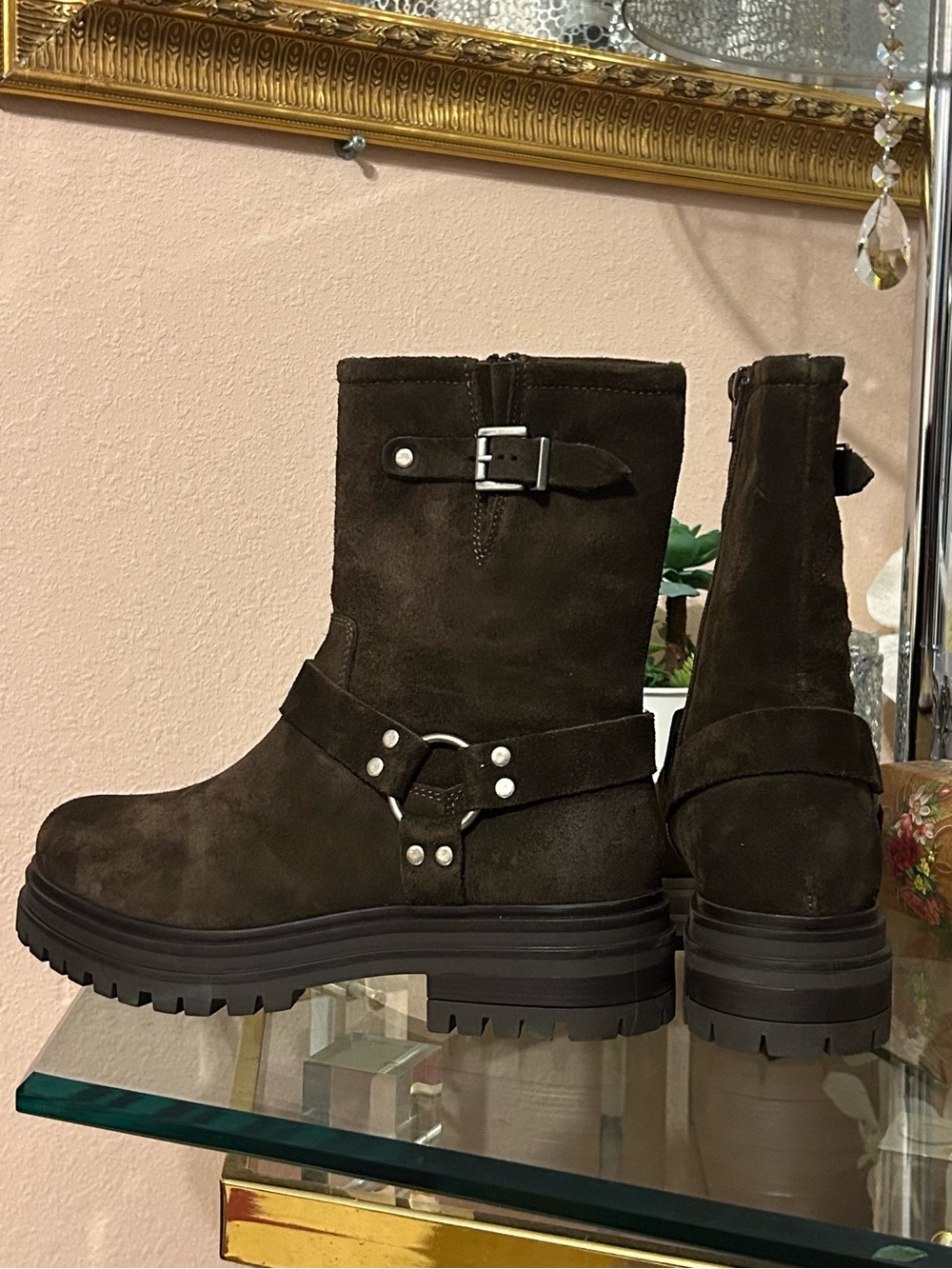 New Miz Mooz Dark Brown Suede Buckle Combat Moto Boots With Zipper Size 38